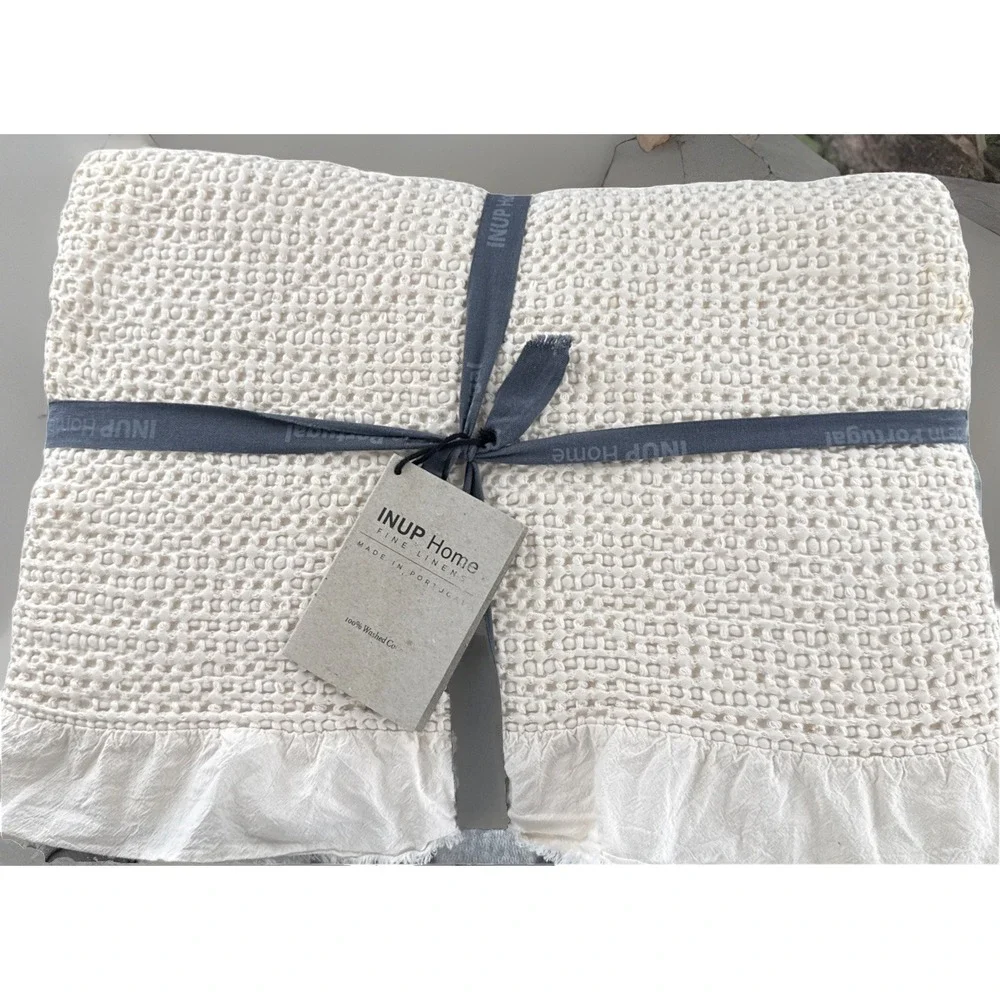 INUP Home Portugal Queen Coverlet Cream 100%‎ Washed Cotton Waffle Ruffle Fringe